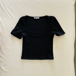 ZARA Women’s Black Ribbed Knit, Short Sleeve, Square-Neck Top